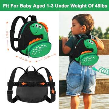 Accmor Toddler Backpack Harness with Safety Leash, Cute Dinosaur Harnesses with Kids Anti Lost Wrist Link, Mini Child Schoolbag with Wristband Tether Strap and Protection Leashes for Baby boys (Black)
