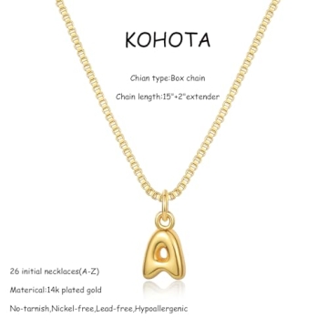 KOHOTA Gold Bubble Letter Necklace for Women 14k Gold Plated Balloon Initial Letter Pendant Necklace Personalized Dainty Tiny A-Z Name Charm Choker Necklace Simple Cute Trendy Jewelry Gift for Women