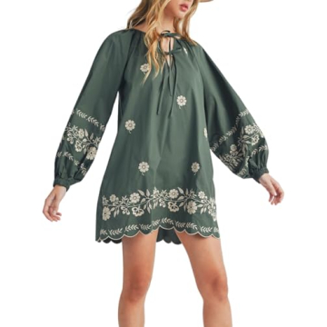 Joiemont Womens Embroidered Long Sleeve Mini Dress Loose Fit Vintage Embroidery Dress with Double Ne...