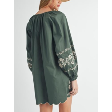 Joiemont Womens Embroidered Long Sleeve Mini Dress Loose Fit Vintage Embroidery Dress with Double Neckline Self Tie(0623-Green-L)