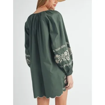 Joiemont Womens Embroidered Long Sleeve Mini Dress Loose Fit Vintage Embroidery Dress with Double Neckline Self Tie(0623-Green-L)