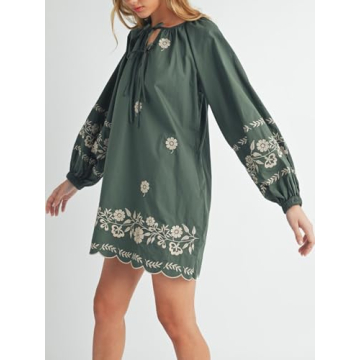 Joiemont Womens Embroidered Long Sleeve Mini Dress Loose Fit Vintage Embroidery Dress with Double Neckline Self Tie(0623-Green-L)