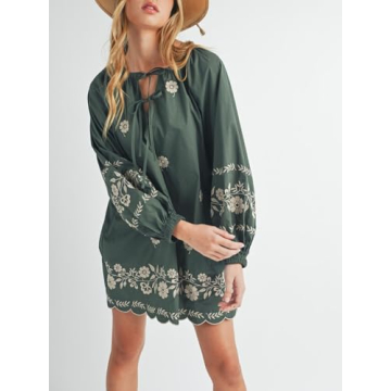 Joiemont Womens Embroidered Long Sleeve Mini Dress Loose Fit Vintage Embroidery Dress with Double Neckline Self Tie(0623-Green-L)