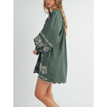 Joiemont Womens Embroidered Long Sleeve Mini Dress Loose Fit Vintage Embroidery Dress with Double Neckline Self Tie(0623-Green-L)