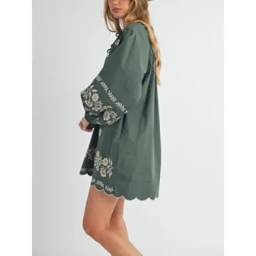 Joiemont Womens Embroidered Long Sleeve Mini Dress Loose Fit Vintage Embroidery Dress with Double Neckline Self Tie(0623-Green-L)