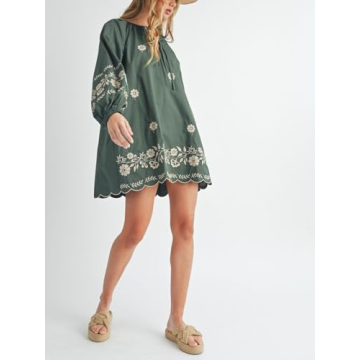 Joiemont Womens Embroidered Long Sleeve Mini Dress Loose Fit Vintage Embroidery Dress with Double Neckline Self Tie(0623-Green-L)