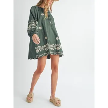 Joiemont Womens Embroidered Long Sleeve Mini Dress Loose Fit Vintage Embroidery Dress with Double Neckline Self Tie(0623-Green-L)