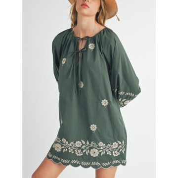 Joiemont Womens Embroidered Long Sleeve Mini Dress Loose Fit Vintage Embroidery Dress with Double Neckline Self Tie(0623-Green-L)