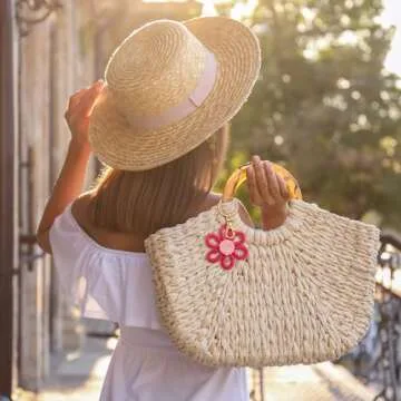 Quelay 12 Pcs Daisy Groovy Party Favors Boho Woven Macrame Groovy Flowers Keychains Daisy Keychain for Boho Themed Birthday Carnival Party Return Gift