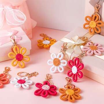 Quelay 12 Pcs Daisy Groovy Party Favors Boho Woven Macrame Groovy Flowers Keychains Daisy Keychain for Boho Themed Birthday Carnival Party Return Gift
