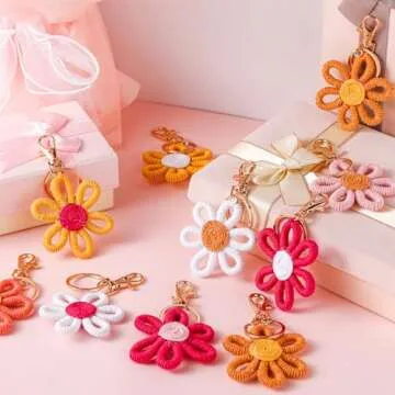 Quelay 12 Pcs Daisy Groovy Party Favors Boho Woven Macrame Groovy Flowers Keychains Daisy Keychain for Boho Themed Birthday Carnival Party Return Gift