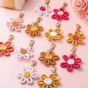 Quelay 12 Pcs Daisy Groovy Party Favors Boho Woven Macrame Groovy Flowers Keychains Daisy Keychain for Boho Themed Birthday Carnival Party Return Gift