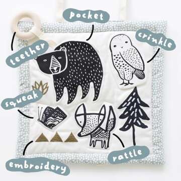 Wee Gallery Organic Woodland Activity Pad - High Contrast Tummy Time Play Mat with 6 Interactive Act...