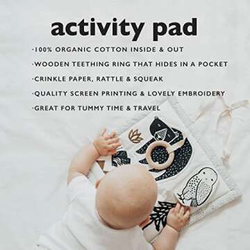 Wee Gallery Organic Woodland Activity Pad - High Contrast Tummy Time Play Mat with 6 Interactive Activities - Soft Sensory Toys for Babies - Visual & Motor Skill Development Toy
