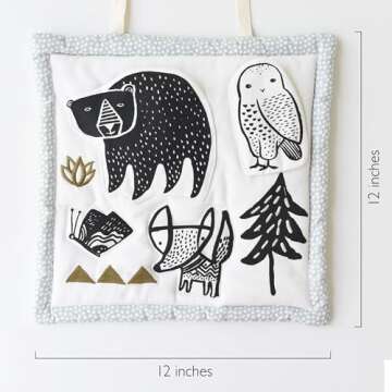 Wee Gallery Organic Woodland Activity Pad - High Contrast Tummy Time Play Mat with 6 Interactive Activities - Soft Sensory Toys for Babies - Visual & Motor Skill Development Toy