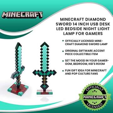 Minecraft Diamond Sword 14 Inch USB Desk LED Night Light - Decorative, Fun, Safe & Awesome Bedside Mood Lamp Toy for Baby, Boys, Teen, Adults & Gamers - Best for Home's Bedroom, Living Room Or Office