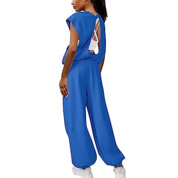 LAMISSCHE Womens Oversized Wide Leg Jumpsuit with Pockets Elastic Waist Workout Onesie Romper Open Back Outfits(Royal Blue,M)