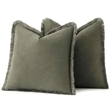MIULEE Decorative Throw Pillow Covers Neutral Linen Fringe Throw Pillows Euro Shams Set of 2 Olive Green Boho Farmhouse Cushion Covers for Couch Sofa Bed Living Room Spring Home Decor 26x26 Inch