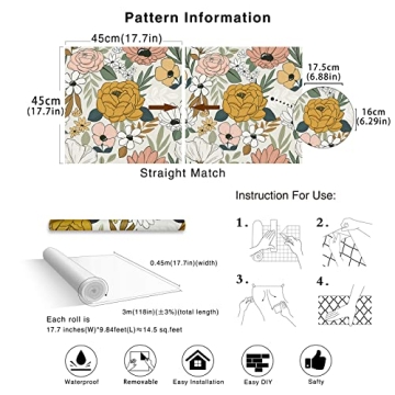 HAOKHOME Floral Peel and Stick Wallpaper 17.7in x 6.6ft