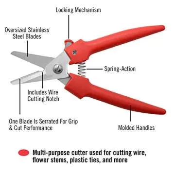 Clauss Spring-Action Stainless Steel Wire Cutters / Pruning Shears For Gardening, Red, 7.5’’ (33...