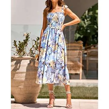 PRETTYGARDEN Women Summer Dresses 2023 Tie Strap Square Neck Smocked Ruffle Flowy Floral Print Boho ...