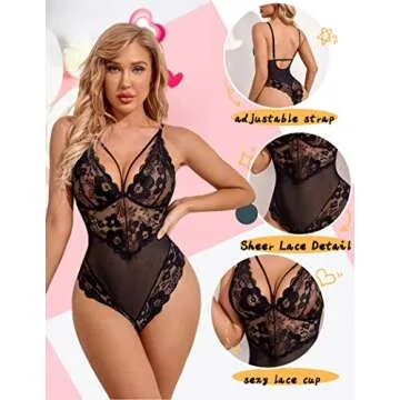 Avidlove Sexy Lingerie for Women Lingerie Bodysuit Lace Teddy Strappy Lingerie V Neck One Piece Boudoir Outfits(Black,S)