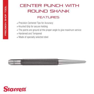 Starrett Steel Center Punch with Round Shank and Knurled Finger Grip - Hardened and Tempered, 4" (100mm) Length, 1/8" (3mm) Diameter Tapered Point - 117C