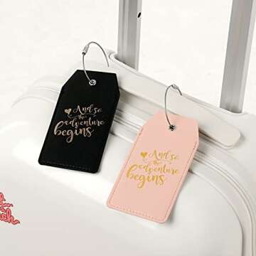 CHOIEO 2 Pcs PU Leather Luggage Tags with Full Back Privacy Cover and Stainless Steel Loop, Bag Tags for Luggage Suitcase, Travel Accessories Tags with Name ID Address Card (Black+Pink)