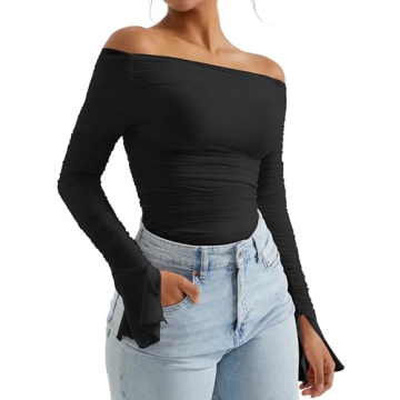 OMKAGI Women Long Sleeve Tops Boat Neck Off Shoulder Shirts Fitted Going Out Y2K Crop Top(L,Black-19...