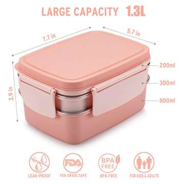 Freshmage Stainless Steel Bento Box for Adults & Kids, Leakproof Stackable Large Capacity Dishwasher Safe Lunch Container with Divided Compartments,Pink