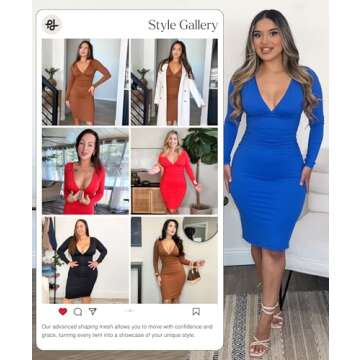 Popilush Brown Long Sleeve Bodycon Dress Shapewear Dress V Neck Ruched Midi Party Cocktail Dresses