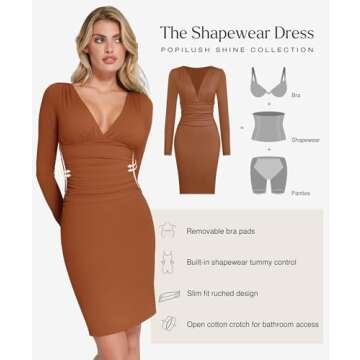 Popilush Brown Long Sleeve Bodycon Dress Shapewear Dress V Neck Ruched Midi Party Cocktail Dresses