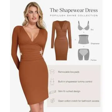 Popilush Brown Long Sleeve Bodycon Dress Shapewear Dress V Neck Ruched Midi Party Cocktail Dresses