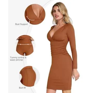 Popilush Brown Long Sleeve Bodycon Dress Shapewear Dress V Neck Ruched Midi Party Cocktail Dresses