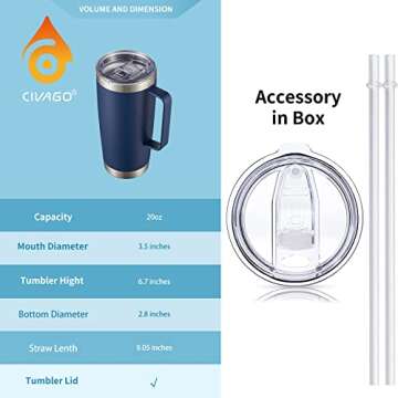 CIVAGO 20 oz Tumbler Mug with Lid and Straw, Insulated Travel Coffee Mug with Handle, Double Wall Stainless Steel Vacuum Coffee Tumbler, Thermal Coffee Cup, Rose Gold