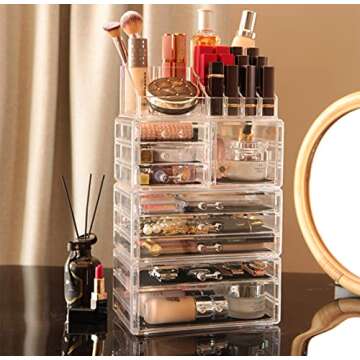 Cq acrylic 4 Pack Clear Make up Organizer Countertop,Stackable 9 Drawers Makeup Storage,Cute Vanity Organizers for dresser Hair Clip,Jewelry,Beauty Product Desk and Bathroom Organizers and Storage