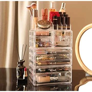 Cq acrylic 4 Pack Clear Make up Organizer Countertop,Stackable 9 Drawers Makeup Storage,Cute Vanity Organizers for dresser Hair Clip,Jewelry,Beauty Product Desk and Bathroom Organizers and Storage