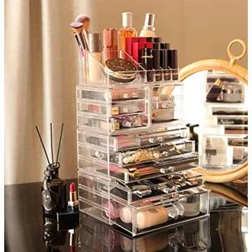 Cq acrylic 4 Pack Clear Make up Organizer Countertop,Stackable 9 Drawers Makeup Storage,Cute Vanity Organizers for dresser Hair Clip,Jewelry,Beauty Product Desk and Bathroom Organizers and Storage