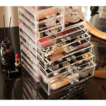 Cq acrylic 4 Pack Clear Make up Organizer Countertop,Stackable 9 Drawers Makeup Storage,Cute Vanity Organizers for dresser Hair Clip,Jewelry,Beauty Product Desk and Bathroom Organizers and Storage