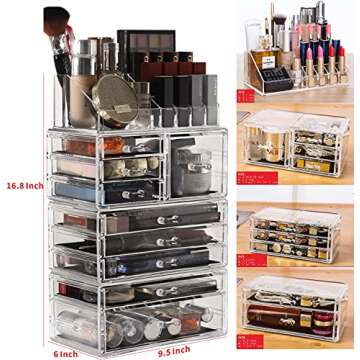 Cq acrylic 4 Pack Clear Make up Organizer Countertop,Stackable 9 Drawers Makeup Storage,Cute Vanity Organizers for dresser Hair Clip,Jewelry,Beauty Product Desk and Bathroom Organizers and Storage