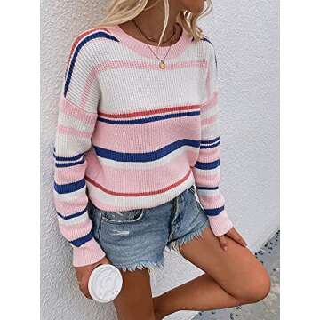 ECOWISH Women's Sweater Colorful Striped Sweaters Long Sleeve Crew Neck Casual Pullover Knit Blouse Tops 207 Pink Large