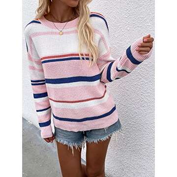 ECOWISH Women's Sweater Colorful Striped Sweaters Long Sleeve Crew Neck Casual Pullover Knit Blouse Tops 207 Pink Large