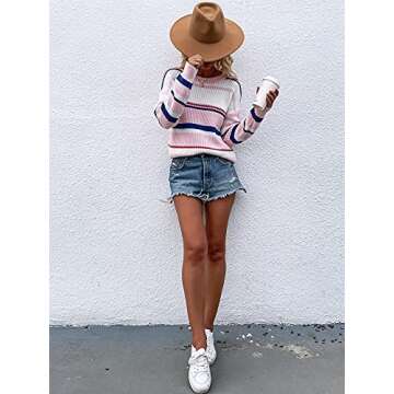 ECOWISH Women's Sweater Colorful Striped Sweaters Long Sleeve Crew Neck Casual Pullover Knit Blouse Tops 207 Pink Large