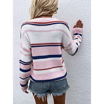 ECOWISH Women's Sweater Colorful Striped Sweaters Long Sleeve Crew Neck Casual Pullover Knit Blouse Tops 207 Pink Large
