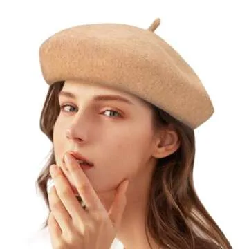 Gllutt Wool Beret Hat French Style Women Solid Color Thicken Warm Multiple Wear Ways 90% Wool (Camel)