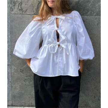 AKLOPVII Women Tie Front Tops Puff Sleeve Babydoll Shirts Y2K Cute Ruffle Peplum Going Out Top Blouse Trendy Clothes White