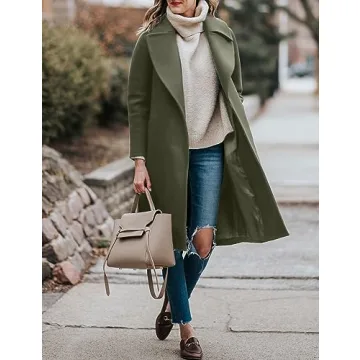 BZB Women's Long Wool Blend Pea Coat Winter Casual Overcoat Notched Lapel Collar Trench Coat Belted Long Jacket Outerwear