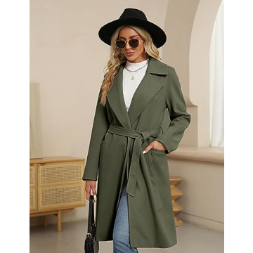 BZB Women's Long Wool Blend Pea Coat Winter Casual Overcoat Notched Lapel Collar Trench Coat Belted Long Jacket Outerwear