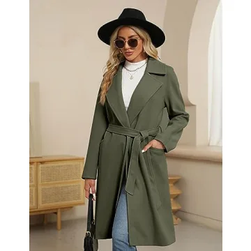BZB Women's Long Wool Blend Pea Coat Winter Casual Overcoat Notched Lapel Collar Trench Coat Belted Long Jacket Outerwear