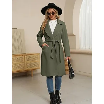 BZB Women's Long Wool Blend Pea Coat Winter Casual Overcoat Notched Lapel Collar Trench Coat Belted Long Jacket Outerwear